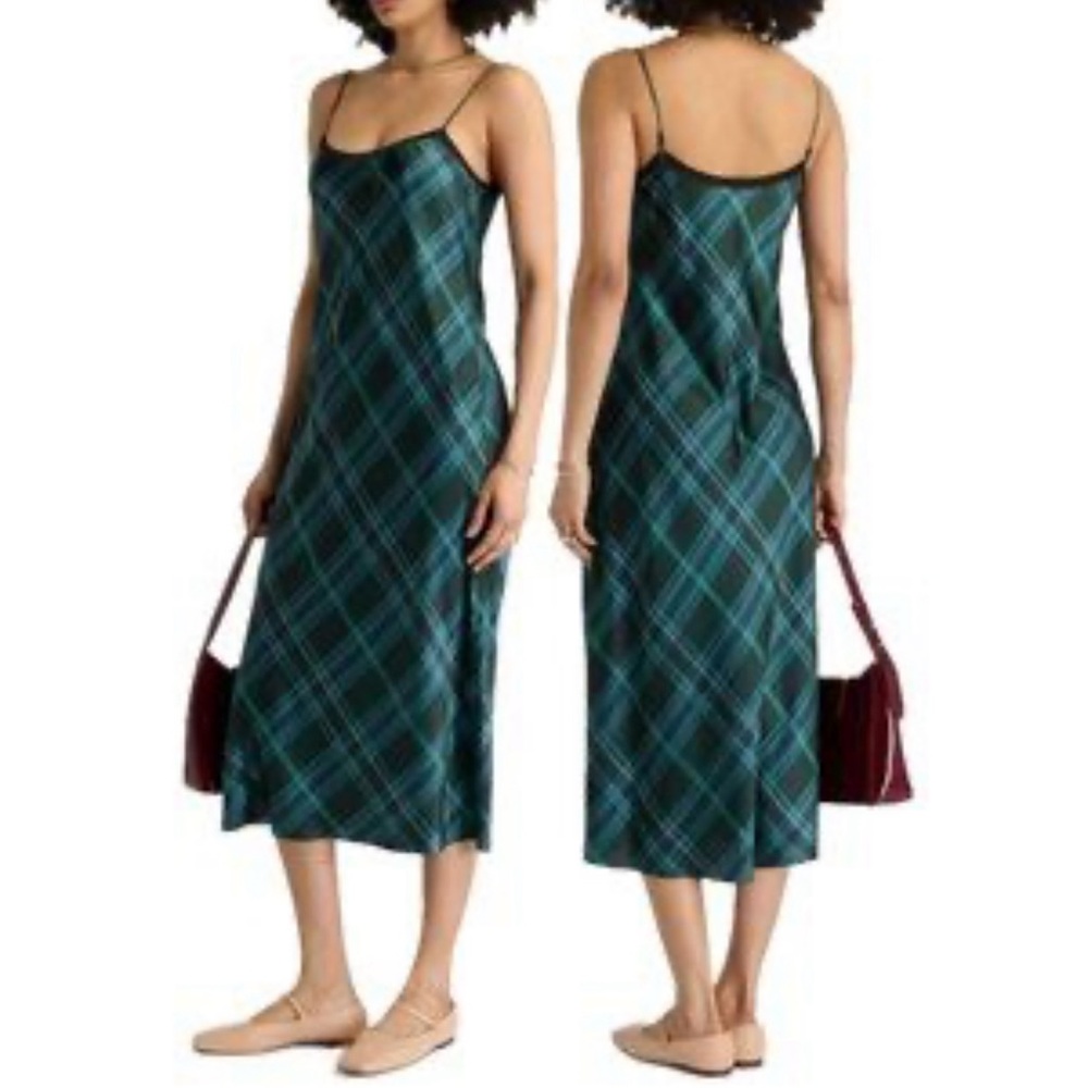 Vince Satin Plaid Green Slip Dress size S